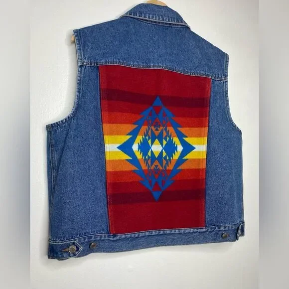 Pendleton Native Tribal Denim Blanket Vest Geometric Size Large Southwest - Picture 4 of 7